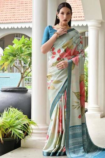 Multi color satin silk blend classic digital printed sarees