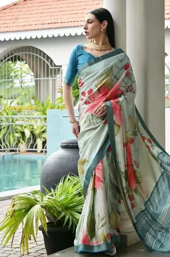 Multi color satin silk blend classic digital printed sarees