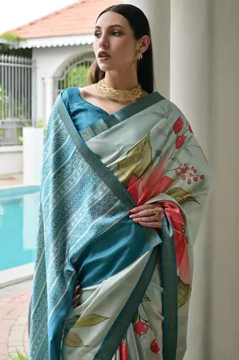 Multi color satin silk blend classic digital printed sarees