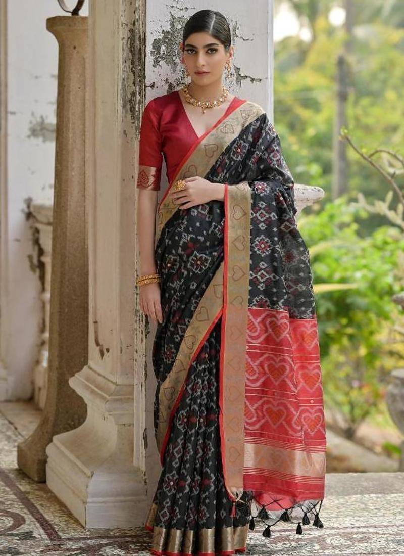 Black color raw silk pochampally ikkat saree