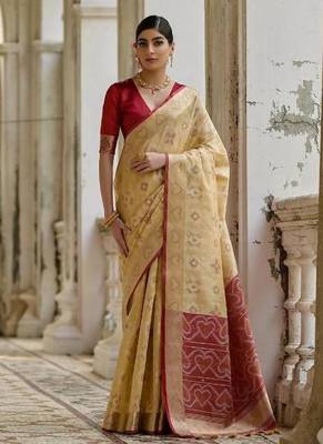 Cream color  silk blend pochampally ikkat saree 1