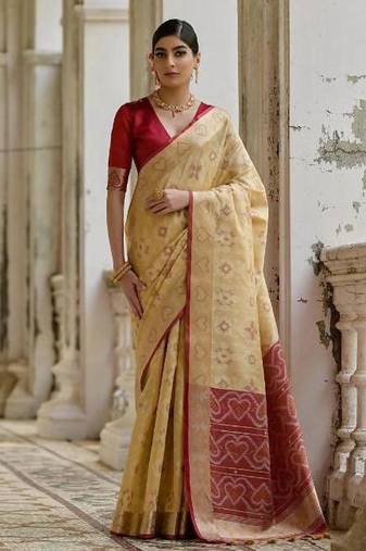 Cream color  silk blend pochampally ikkat saree