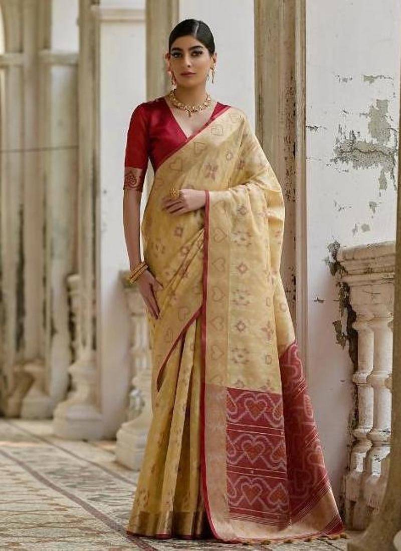 Cream color raw silk pochampally ikkat saree
