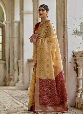 Cream color  silk blend pochampally ikkat saree 2