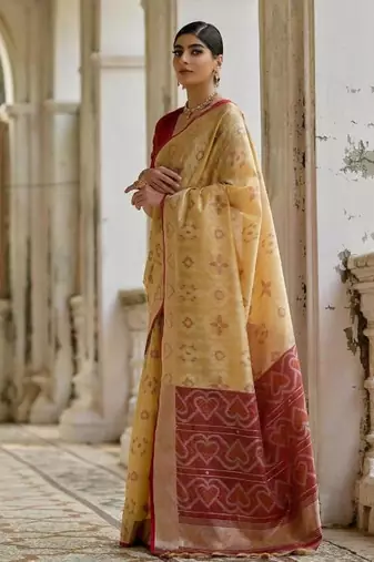 Cream color  silk blend pochampally ikkat saree
