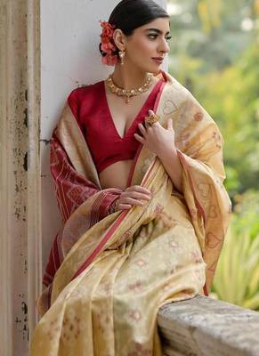 Cream color  silk blend pochampally ikkat saree 3