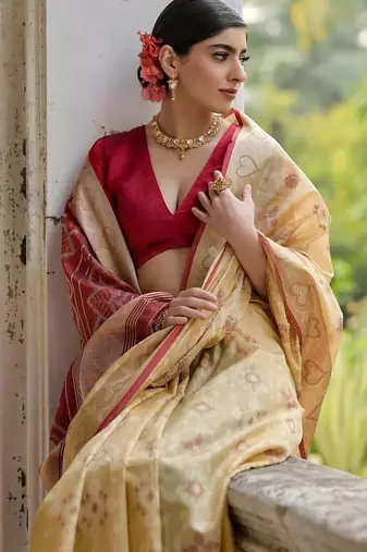 Cream color  silk blend pochampally ikkat saree