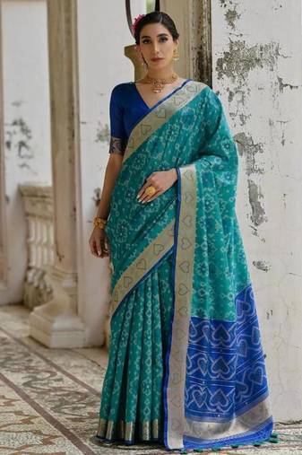 Firozi color  silk blend pochampally ikkat saree