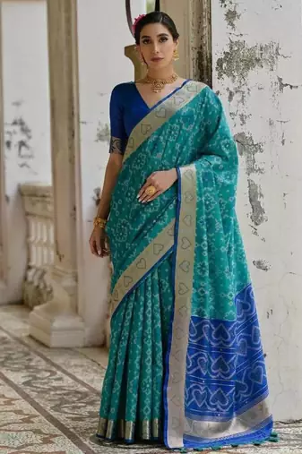 Firozi color  silk blend pochampally ikkat saree