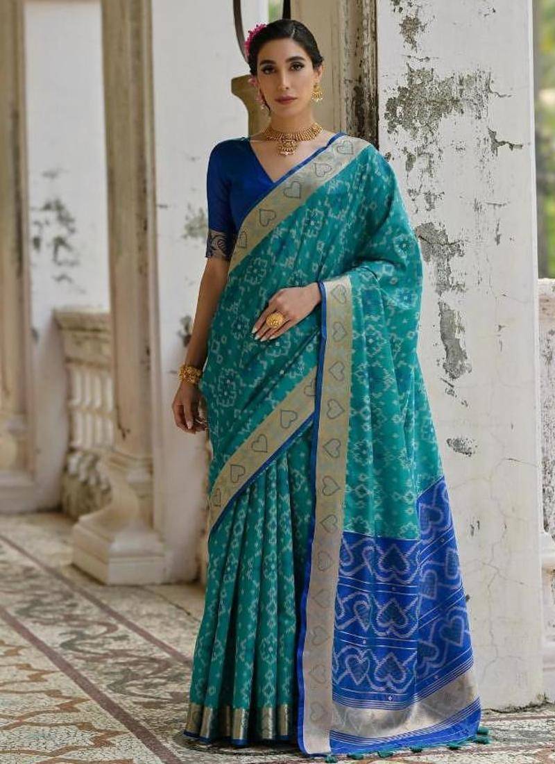 Firozi color raw silk pochampally ikkat saree