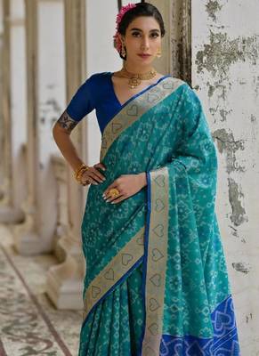 Firozi color  silk blend pochampally ikkat saree 2