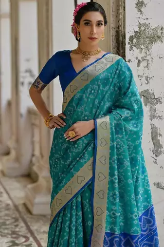 Firozi color  silk blend pochampally ikkat saree