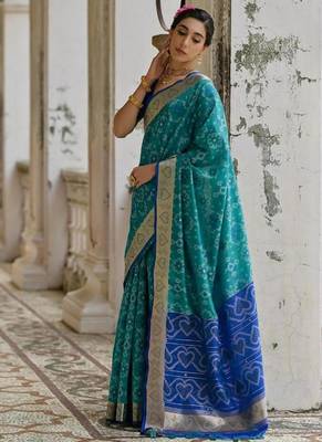 Firozi color  silk blend pochampally ikkat saree 3