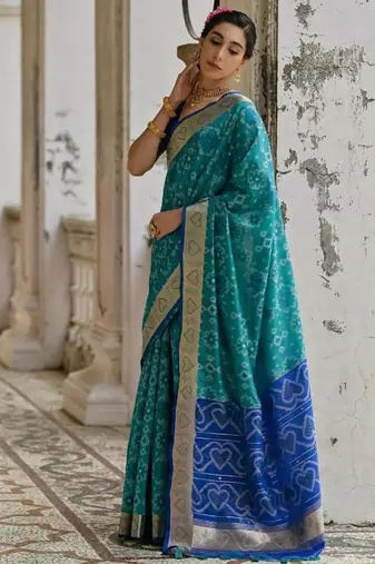 Firozi color  silk blend pochampally ikkat saree