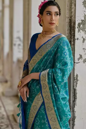 Firozi color  silk blend pochampally ikkat saree