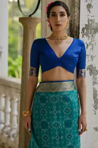 Firozi color  silk blend pochampally ikkat saree