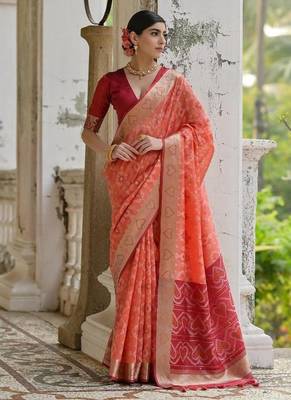 Orange color  silk blend pochampally ikkat saree 1