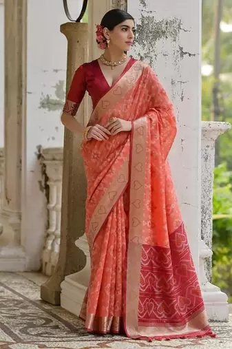 Orange color raw silk pochampally ikkat saree