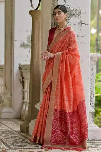 Orange color  silk blend pochampally ikkat saree