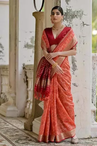Orange color  silk blend pochampally ikkat saree