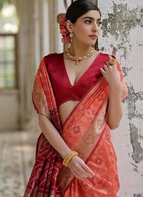 Orange color  silk blend pochampally ikkat saree 4