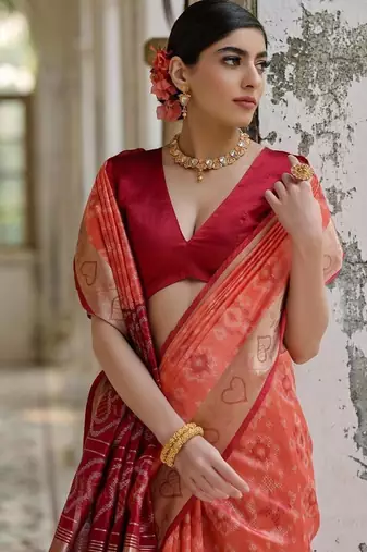 Orange color  silk blend pochampally ikkat saree