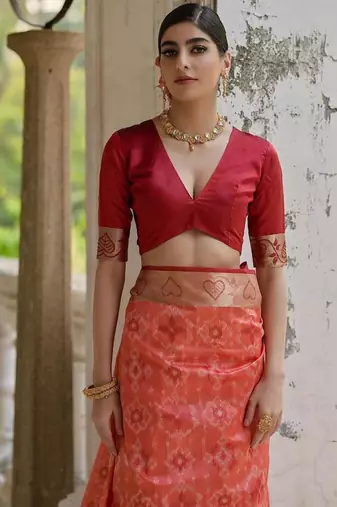 Orange color  silk blend pochampally ikkat saree