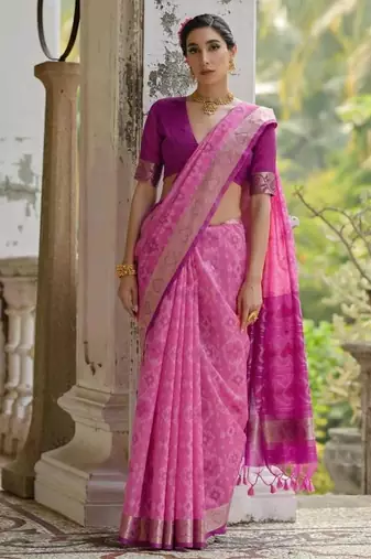 Pink color  silk blend pochampally ikkat saree