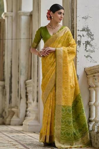 Yellow color  silk blend pochampally ikkat saree