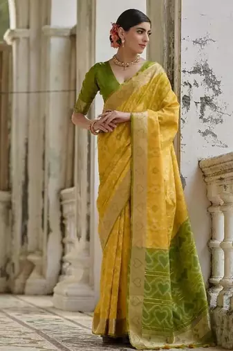 Yellow color  silk blend pochampally ikkat saree