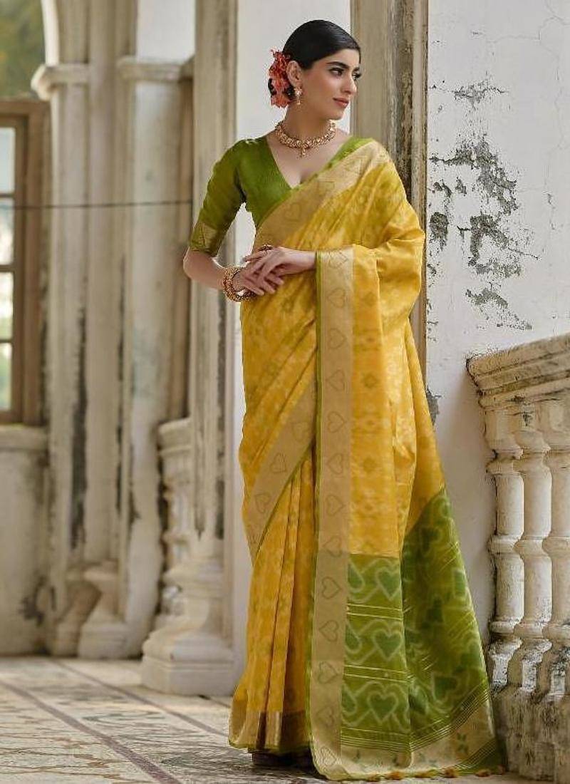 Yellow color raw silk pochampally ikkat saree