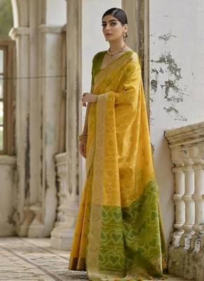 Yellow color  silk blend pochampally ikkat saree 2