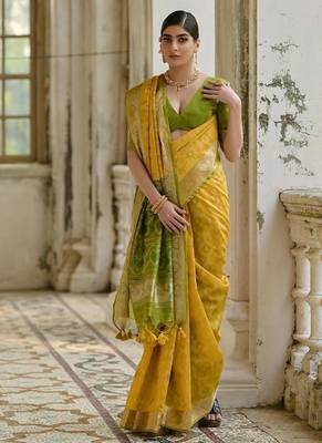 Yellow color  silk blend pochampally ikkat saree 3