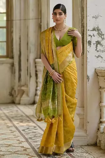 Yellow color  silk blend pochampally ikkat saree
