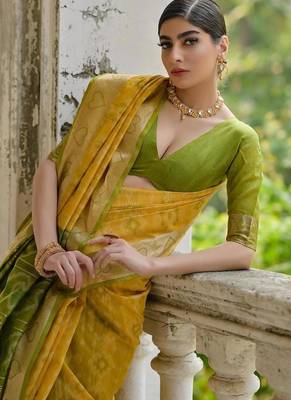Yellow color  silk blend pochampally ikkat saree 4