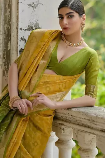 Yellow color  silk blend pochampally ikkat saree