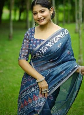 Multicolor dhanwari cotton digital print zari border saree 3