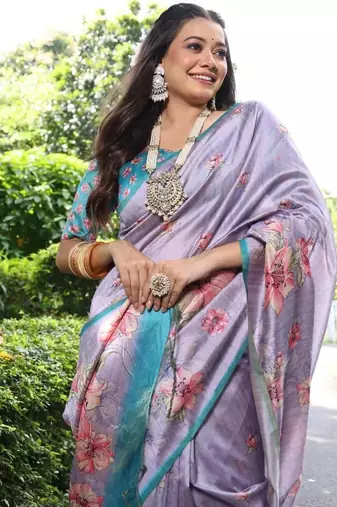 Multicolor tussar silk blend flower print sarees