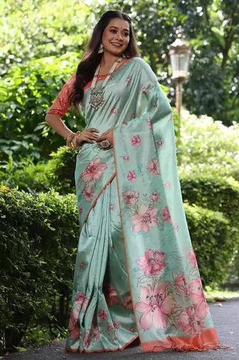 Multicolor tussar silk blend flower print sarees