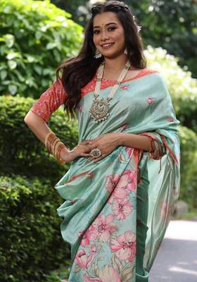 Multicolor tussar silk blend flower print sarees 3