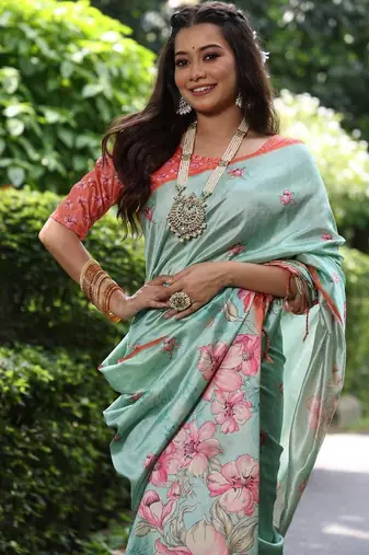 Multicolor tussar silk blend flower print sarees