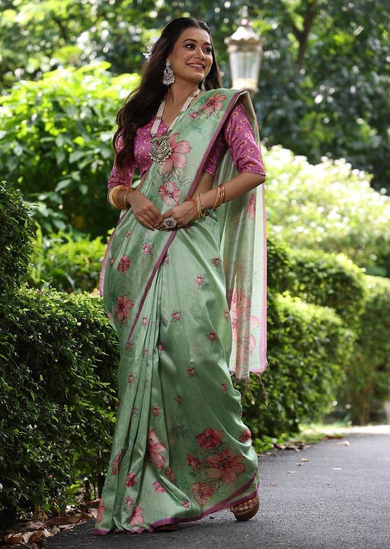 Multicolor tussar silk flower print sarees