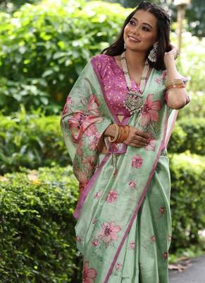 Multicolor tussar silk blend flower print sarees 3