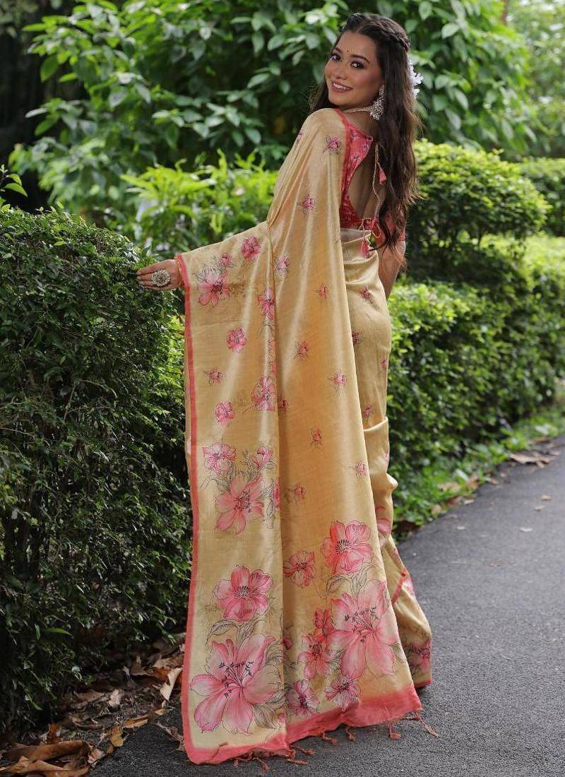 Multicolor tussar silk flower print sarees