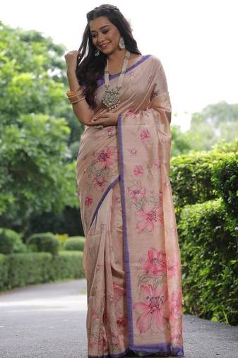 Multicolor tussar silk flower print sarees