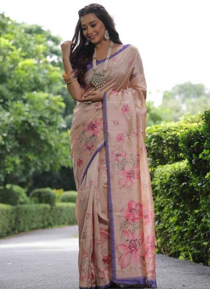Multicolor tussar silk flower print sarees