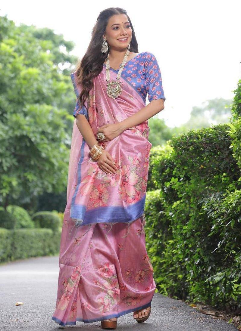 Multicolor tussar silk flower print sarees