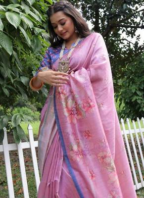 Multicolor tussar silk blend flower print sarees 4