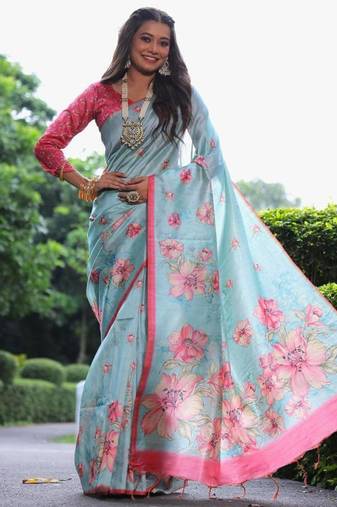 Multicolor tussar silk flower print sarees