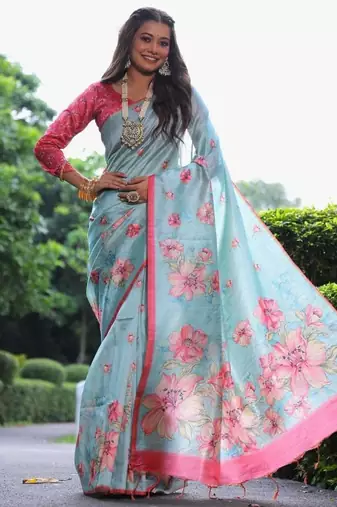 Multicolor tussar silk flower print sarees